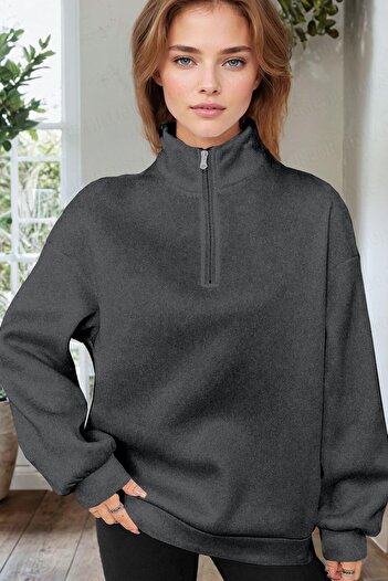 Millionaire Kadın Antrasit Balıkçı Yaka 3 Iplik Içi Polarlı Şardonlu Oversize Sweatshirt