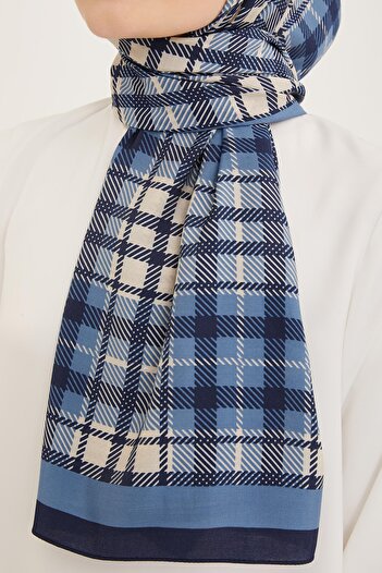 Armine Trend Navy Blue-Indigo Plaid Pattern Modal Shawl 4713-12