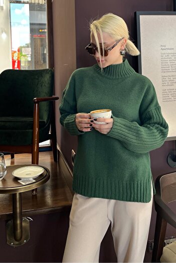 Madmext Khaki Half Turtleneck Wick Detailed Women's Sweater Mg2156