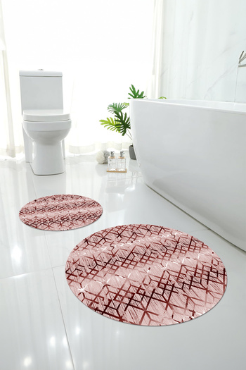 Napoli Home Digital Washable Non-Slip Base Line Patterned Round Bath Mat Toilet Set