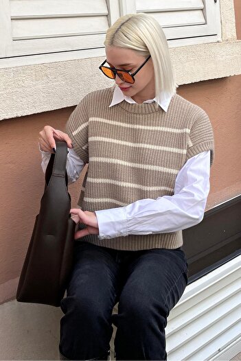 Madmext Mg2159 Model Mink Striped Knitwear Sweater