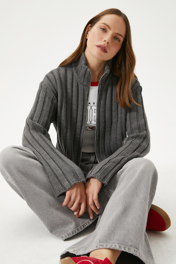 Ritnice Women's Clean Zippered Anthracite Knitwear Cardigan