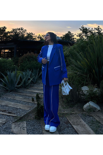 pembekurdelem Saks Blue Oversize Jacket and Trousers Set - Women's Style