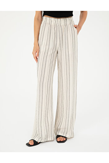 Pierre Cardin Ecru Textured High Waist Loose Fit Trousers 50284528-Vr019