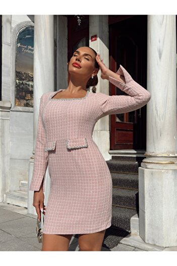 1Moda1Tarz Kadın Pembe Yaka Ve Cep Taş İşleme Özel Tasarım Astarlı Midi Elbise
