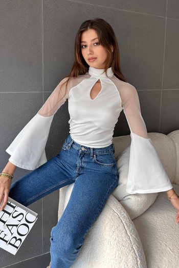 Fav Style Γυναικείο παράθυρο και τούλι με λεπτομέρεια γιακά ισπανική μπλούζα με μανίκια λευκή