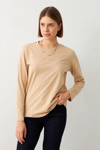 Setre Μπεζ φούτερ με μακρυμάνικη στάμπα - Crew Neck