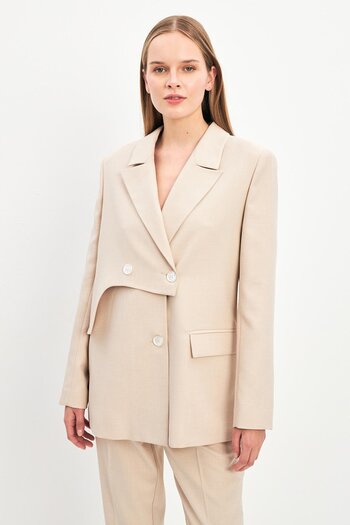 Setre Asymmetrical Beige Jacket - Pocket and Button Detail