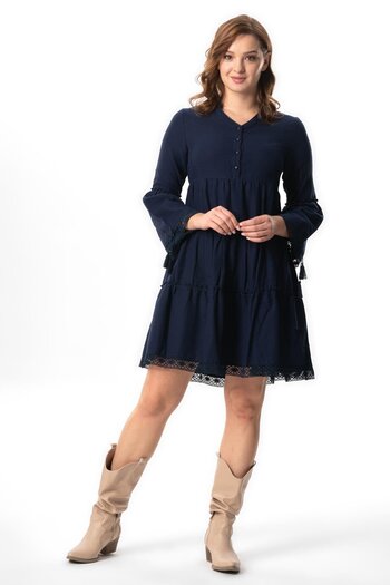 Eliş Şile Bezi Navy Blue Lcvt - Long Sleeve Selçil Short Autumn and Winter Dress