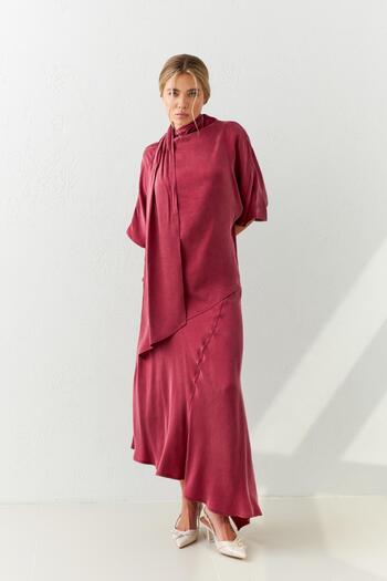 Setre Burgundy Blouse with Asymmetric Shawl Detail - Half Sleeve and Comfortable Fit
