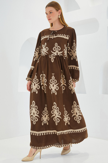 Bigdart Women's Brown Cream Patterned Long Viscose Dress 1947