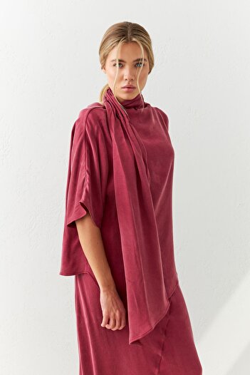 Setre Burgundy Blouse with Asymmetric Shawl Detail - Half Sleeve and Comfortable Fit