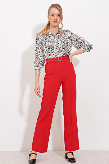 Bigdart Women's Red High Waist Fabric Trousers 6584