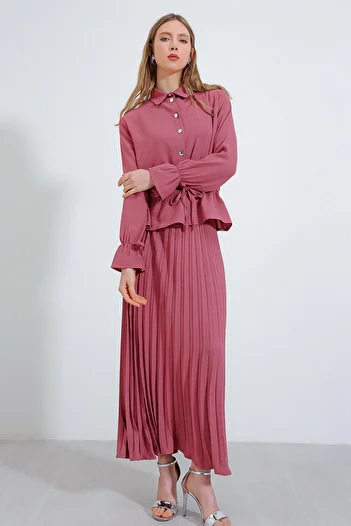Bigdart Γυναικείο πουκάμισο Dusty Rose Πλισέ φούστα στο κάτω μέρος και το τοπ Σετ 8017