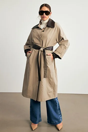 Setre Long Mink Collar and Belt Detailed Trench Coat