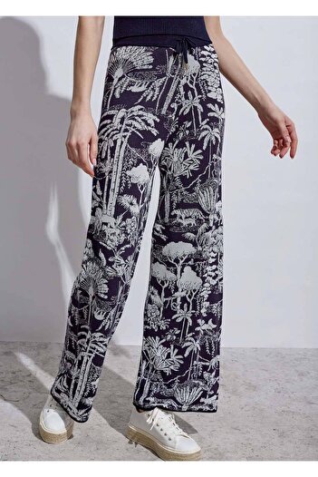 Knitss Tropical Patterned Ecru Navy Blue Knitwear Trousers