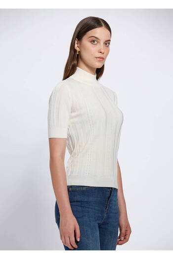 Knitss Top cu mânecă scurtă cu gât țesut din lână merinos ecru
