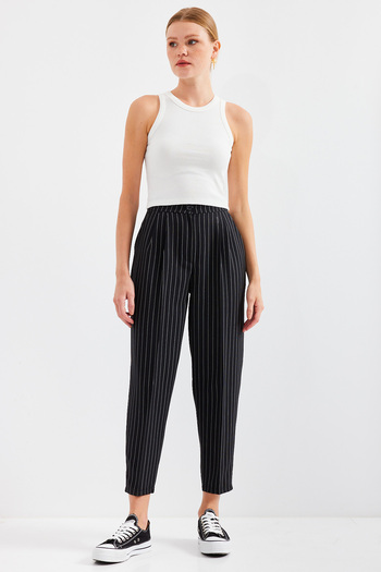 Bigdart High Waist Striped Black Fabric Trousers - 6637