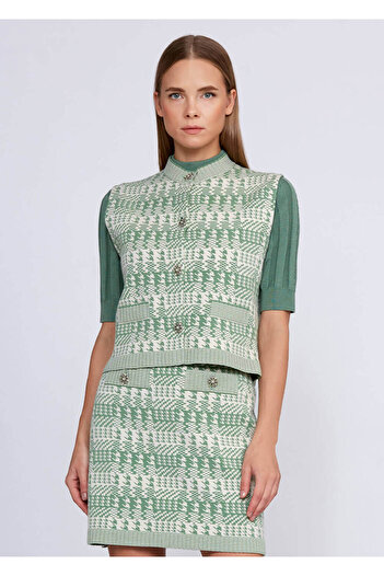 Knitss Geometric Houndstooth Patterned Green Cream Knitwear Vest