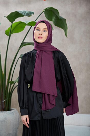 İpekhan Novvela Pattern Silky Jacquard Shawl Eggplant Purple 9008-18