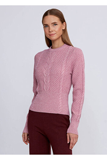 Knitss Saç Örgü Desenli Pembe Yuvarlak Yaka Triko
