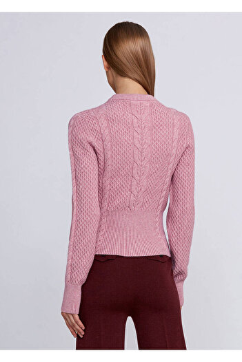 Knitss Saç Örgü Desenli Pembe Yuvarlak Yaka Triko