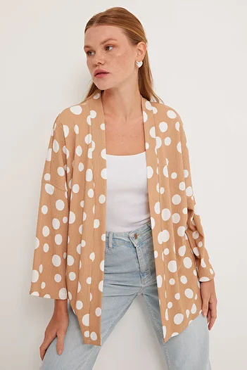 Bigdart Women's Beige White Polka Dot Knitted Kimono 5862
