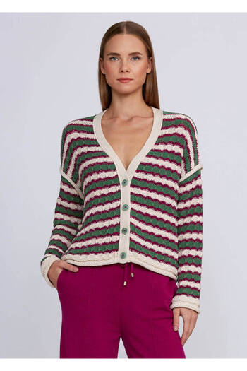 Knitss Organic Cotton Blended Green Ecru Knitwear Cardigan