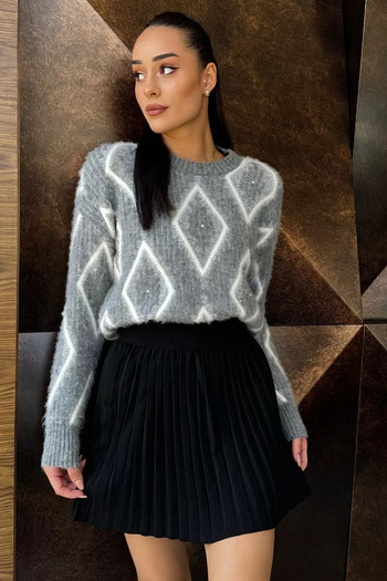 GÜLSELİ Gray Women's Patterned Stone Embroidered Knitwear Sweater