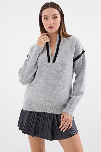 Bigdart 15888 Model - Gray Oversize Zippered Sweater