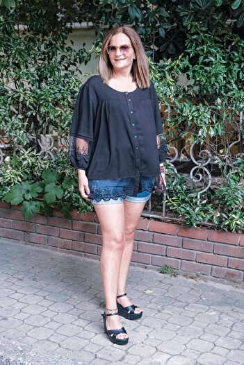 Zer Otantik Lace Detailed Plus Size Shirt Blouse Black