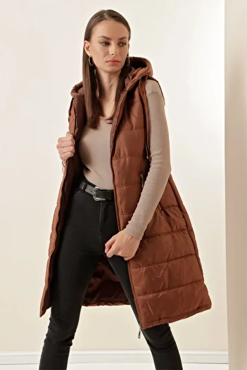 Bigdart 5140 Hooded Long Puffer Vest - Tan