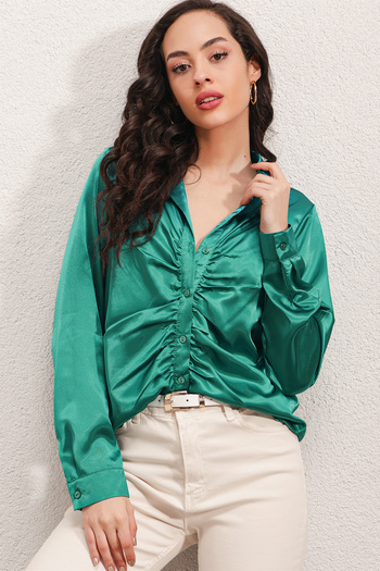 Bigdart 20112 Gathered Satin Shirt - A.green