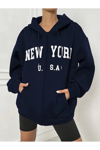 PALPİTO Women's Navy Blue New York Usa Printed Hooded Zippered Cardigan