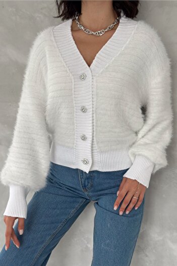 FEMELLE Women's White Standard Size Button Detailed Design Knitwear Cardigan