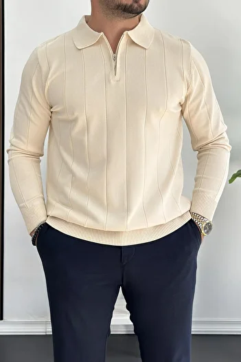 Edwox Men's Half Zipper Polo Collar Seasonal Sweater Cream Edw195