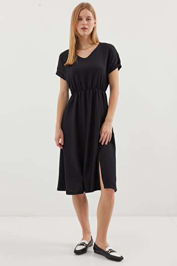 Bigdart 2378 V-Neck Slit Knitted Dress - Black