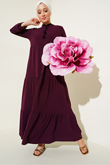 Bigdart 1627 Rochie Hijab cu șireturi cu guler - Roșu Claret Claret
