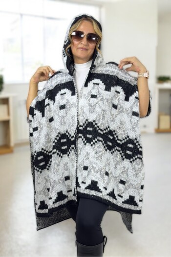 yagmurberen Ethnic Patterned Hooded Extra Large Size Poncho Cardigan