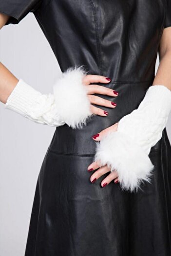 Keyifli Moda Markano White Fur Wool Fingerless Gloves
