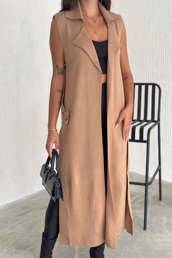 FEMELLE Women's Brown Standard Size Button Detailed Long Knitwear Vest