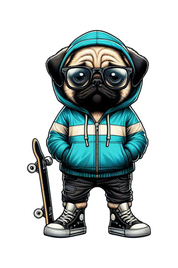 MegaSticker Autocolant Cool Pug Skater - Mașină, Motocicletă, Cască, Laptop, Parbriz 12x8 Cm