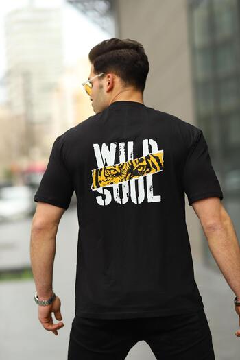 comstar Men's Wild Soul Text Print Oversize Black Loose T-Shirt