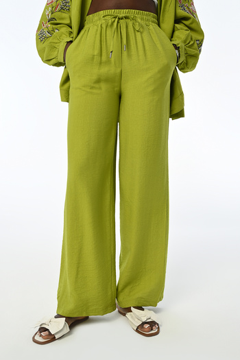 Orfeo Negro Women's Comfortable Fit Waist Rubbered Oil Green Straight Pant