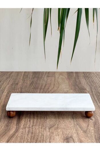 Hilamingo Home Marble Oil Bottom with Wooden Marble Legs 20 X 10 cm Marble Presentation Bowl