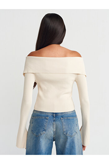 Dilvin 60252 Model Bardot Collar Zippered Knitwear Cardigan - Natural