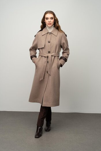 Olcay Kamel 3030-K - Intermediate Length Cashmere Coat with Genuine Leather Detail and Waist Ties