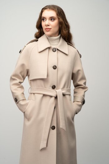 Olcay Beige 3030-K - Intermediate Length Cashmere Coat with Genuine Leather Detail and Waist Ties