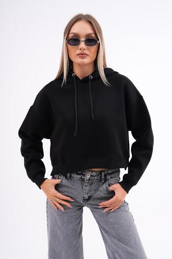 ŞİMAL Women's Hooded Three Thread Short Sweatshirt with Side Slit Detail 245119   -