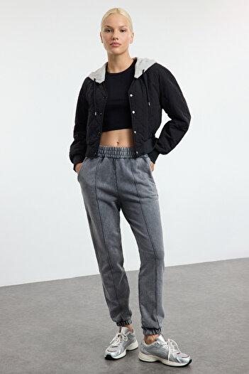 Trendyol Collection Anthracite Washed Ribbed Basic Jogger Thick Inside Fleece Knitted Sweatpants Pants Twoaw25Ea00043